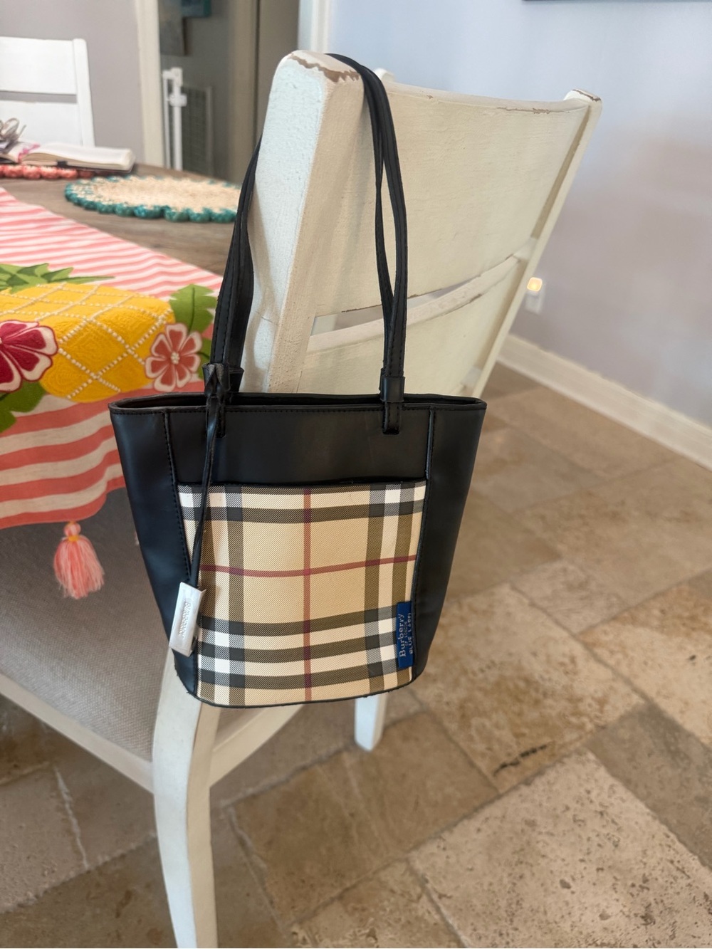 Burberry Black Leather Bucket mini Bag with Beige Check Panel Rare!